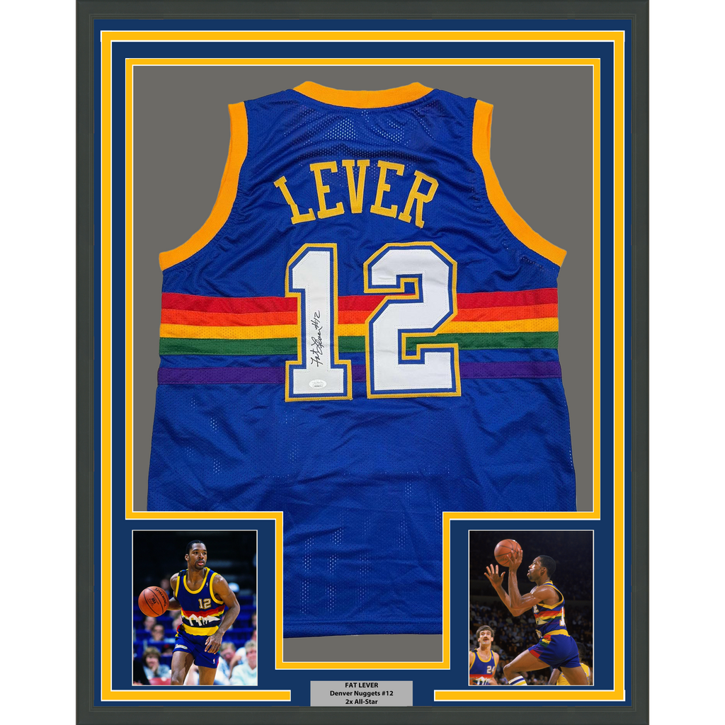 Framed Autographed/Signed Fat Lever 35x39 Denver Blue Retro Rainbow Basketball Jersey JSA COA