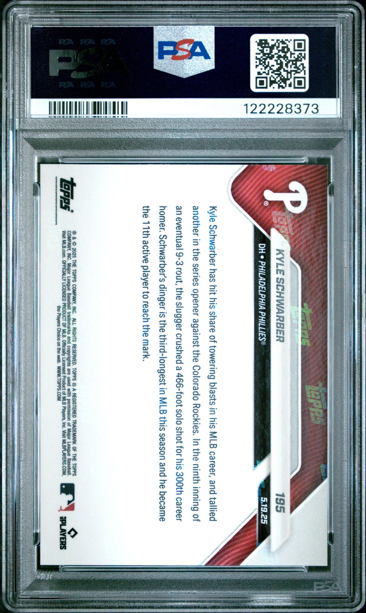 Graded 2025 Topps Now Kyle Schwarber #195 Red Foil /5 Baseball Card PSA 9 Mint