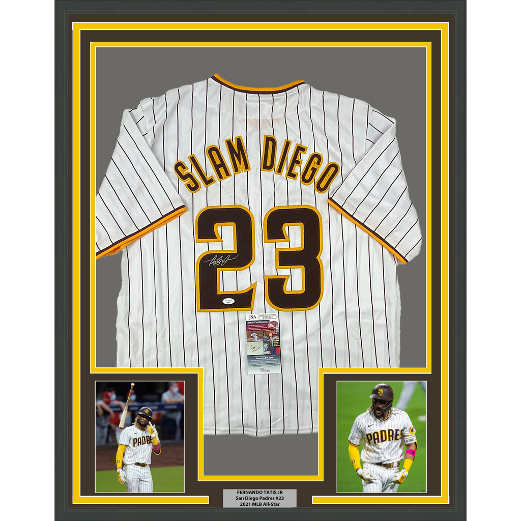 Framed Autographed/Signed Fernando Tatis Jr. 35x39 Slam Diego San Pinstripe Baseball Jersey JSA COA