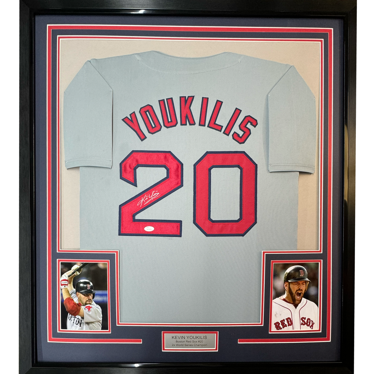 Framed Autographed/Signed Kevin Youkilis 35x39 Boston Grey Baseball Jersey JSA COA
