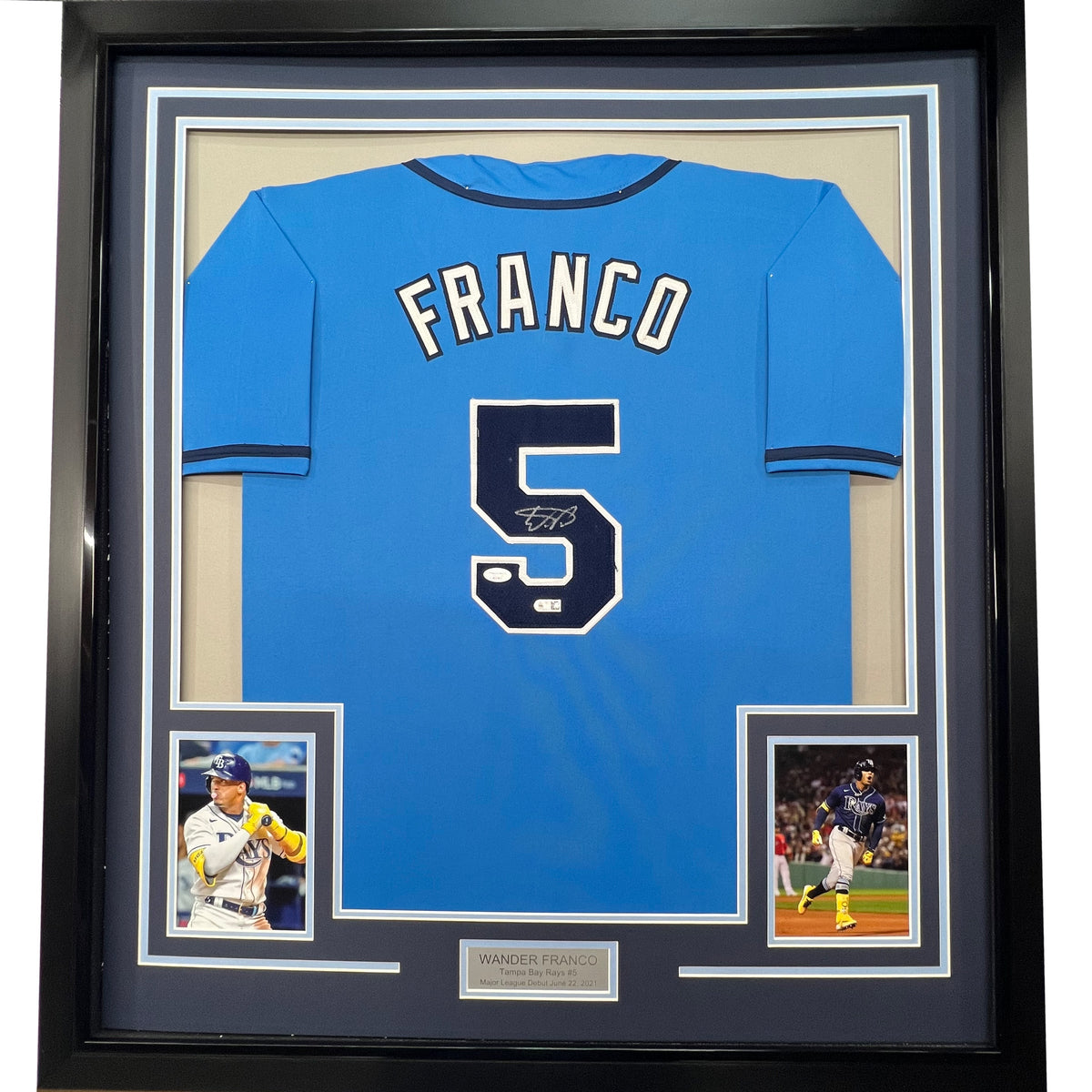 Framed Autographed/Signed Wander Franco 35x39 Tampa Bay Light Blue Baseball Jersey JSA COA