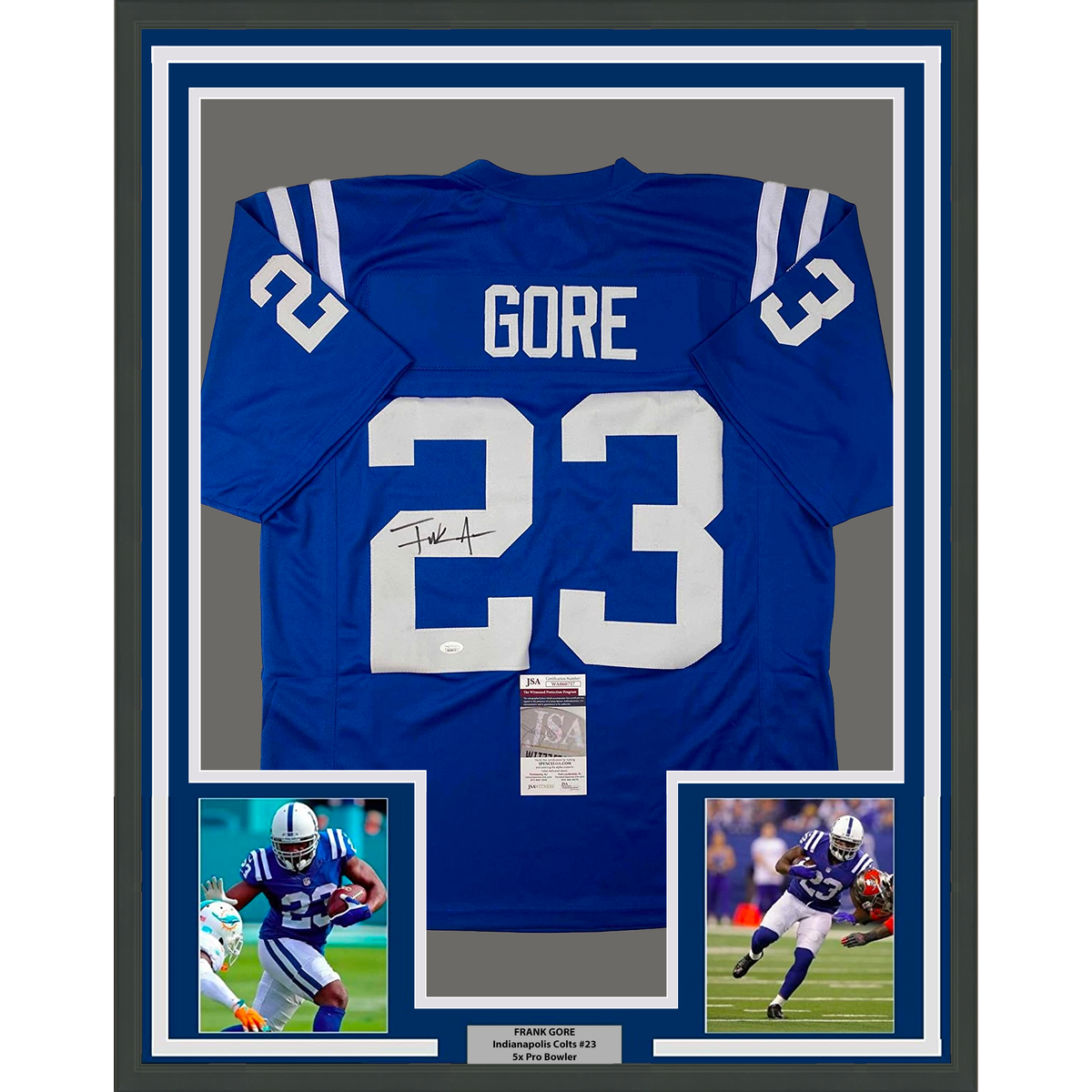 Framed Autographed/Signed Frank Gore 35x39 Indianapolis Blue Football Jersey JSA COA