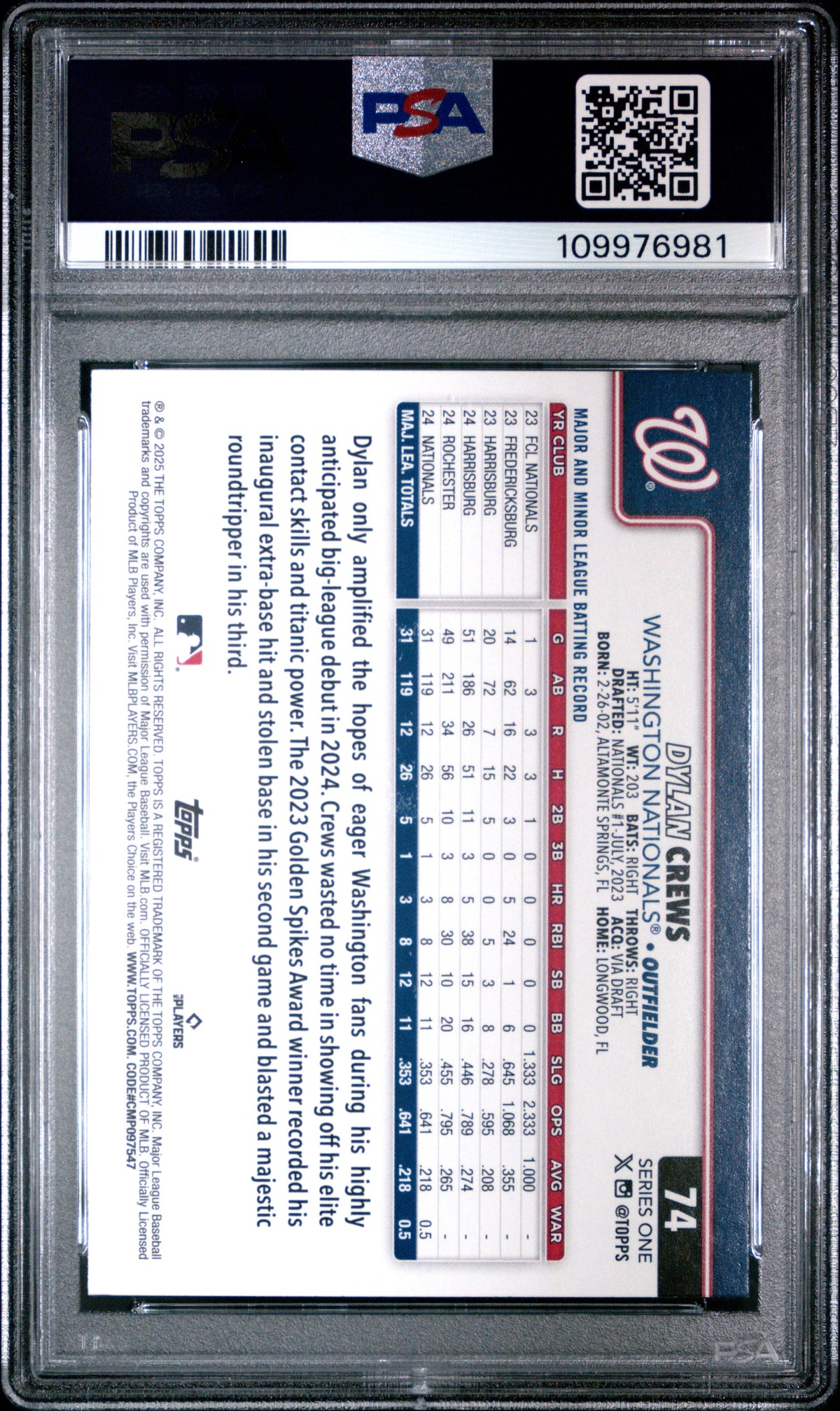 Graded 2025 Topps Dylan Crews #74 Rookie RC Baseball Card PSA 10 Gem Mint