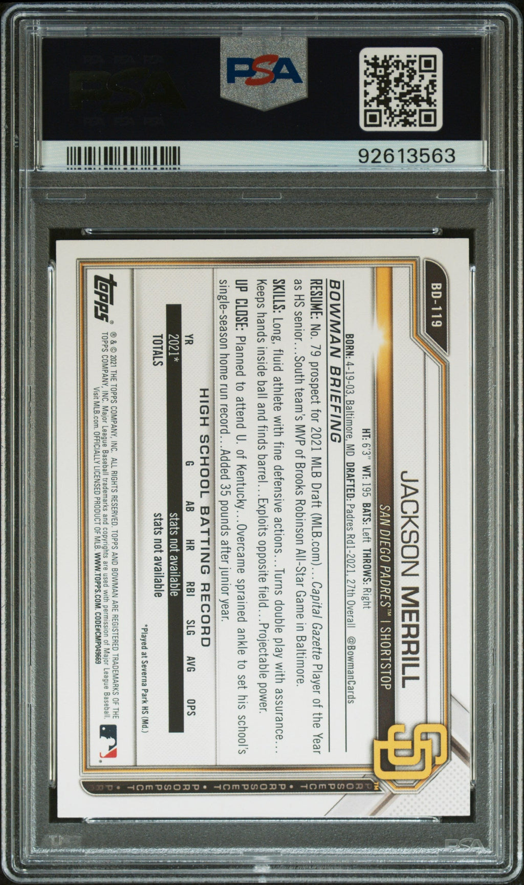 Graded 2021 Topps Bowman Draft Jackson Merrill #BD119 Rookie RC Baseball Card PSA 10 Gem Mint