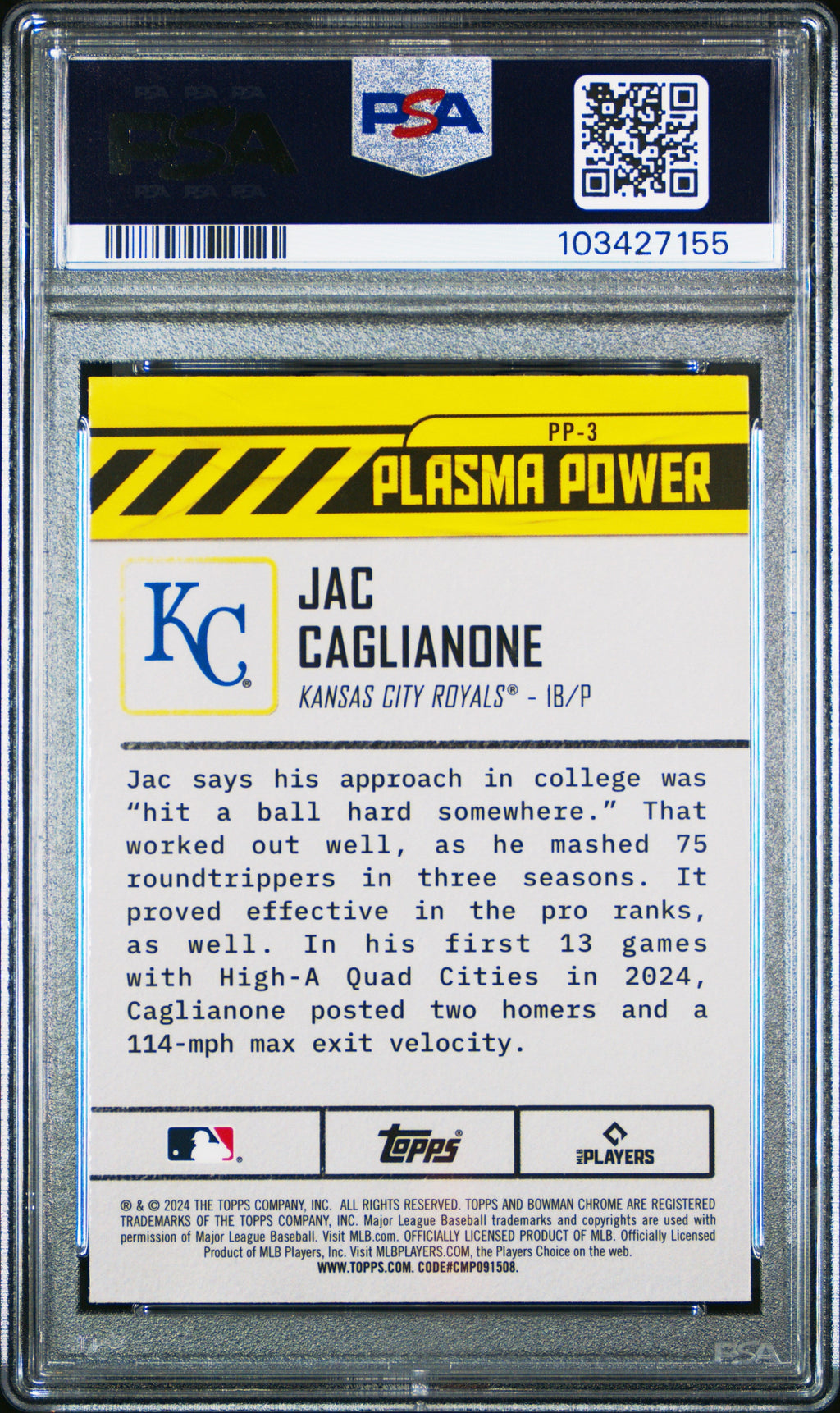 Graded 2024 Topps Bowman Draft Jac Caglianone #PP3 Plasma Power Rookie RC Baseball Card PSA 9 Mint