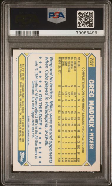 Graded 1987 Topps Traded Greg Maddux #70T Rookie RC Baseball Card PSA 8 NM-MT