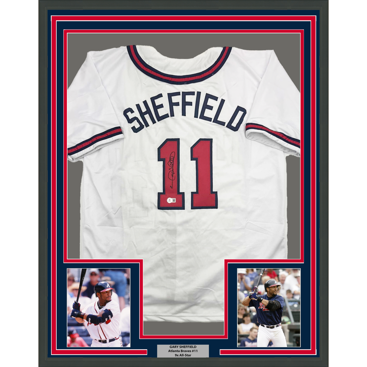 Framed Autographed/Signed Gary Sheffield 35x39 Atlanta White Baseball Jersey Beckett BAS COA