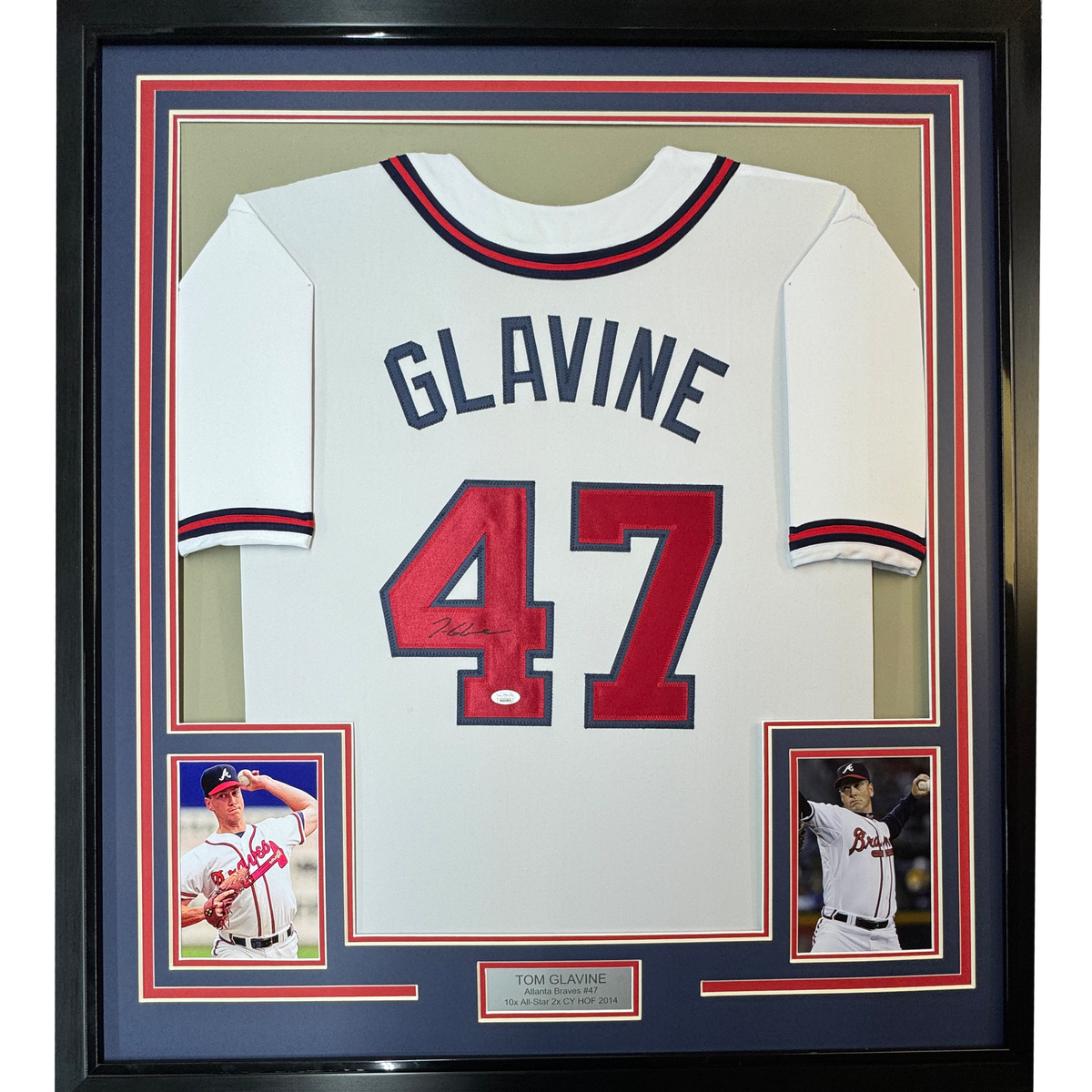 Framed Autographed/Signed Tom Glavine 35x39 Atlanta White Baseball Jersey JSA COA