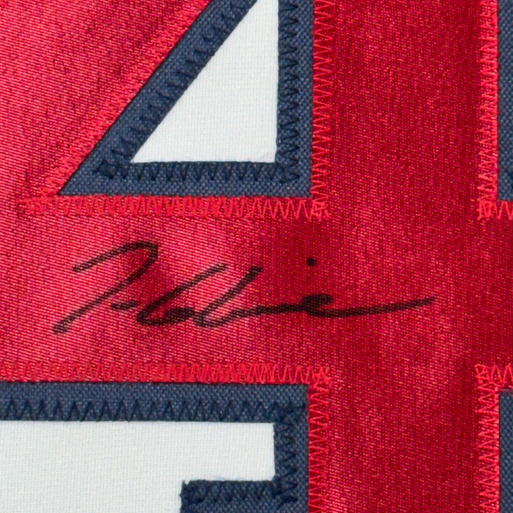 Framed Autographed/Signed Tom Glavine 35x39 Atlanta White Baseball Jersey JSA COA
