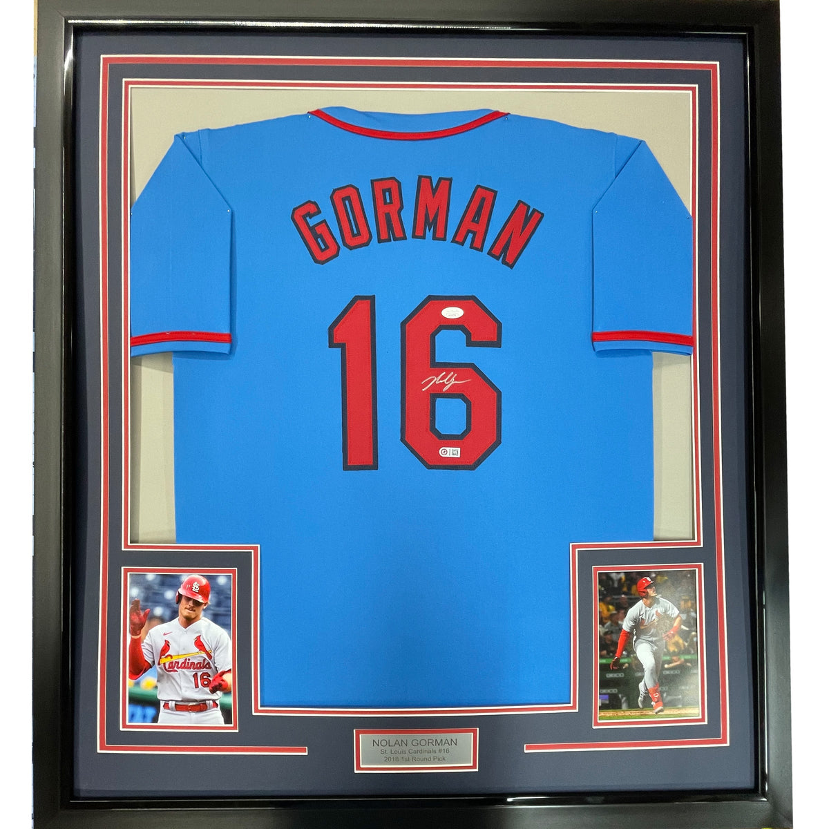 Framed Autographed/Signed Nolan Gorman 35x39 St. Louis Blue Baseball Jersey JSA COA