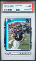 Graded 2024 Panini Clearly Donruss JJ McCarthy #61 Rookie RC Football Card PSA 10 Gem Mint