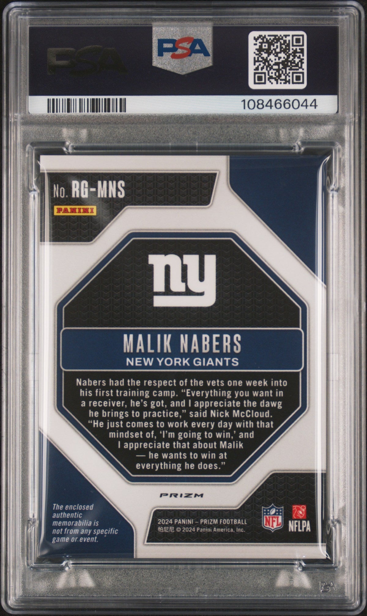Graded 2024 Panini Prizm Malik Nabers #RGMNS Rookie Gear Rookie RC Football Card PSA 10 Gem Mint