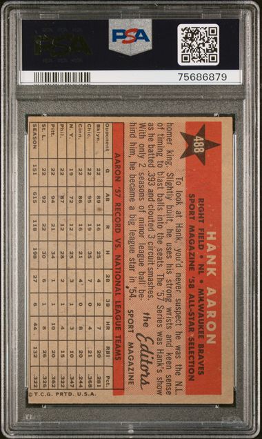 Graded 1958 Topps All Star Hank Aaron #488 Baseball Card PSA 4 VG-EX