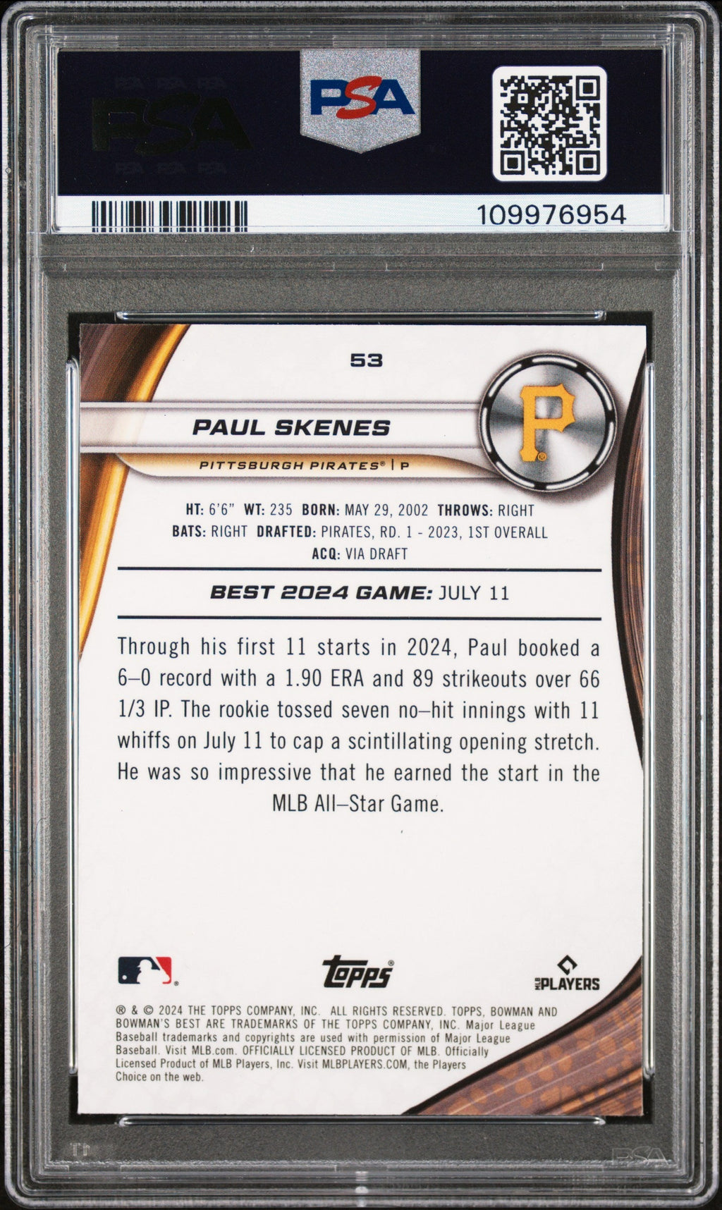 Graded 2024 Topps Bowmans Best Paul Skenes #53 Rookie RC Baseball Card PSA 9 Mint