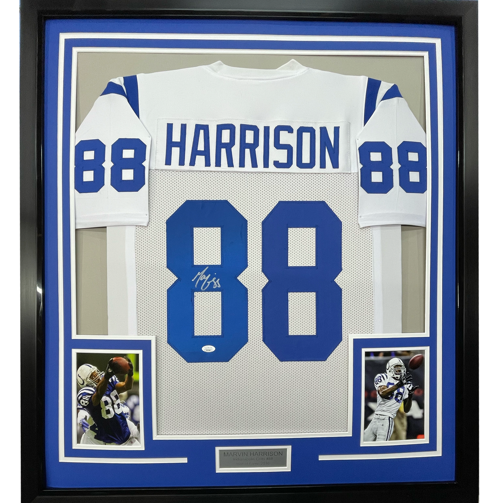 Framed Autographed/Signed Marvin Harrison 35x39 Indianapolis White Football Jersey JSA COA