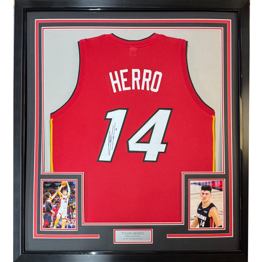 Framed Autographed/Signed Tyler Herro 35x39 Miami Red Basketball Jersey JSA COA
