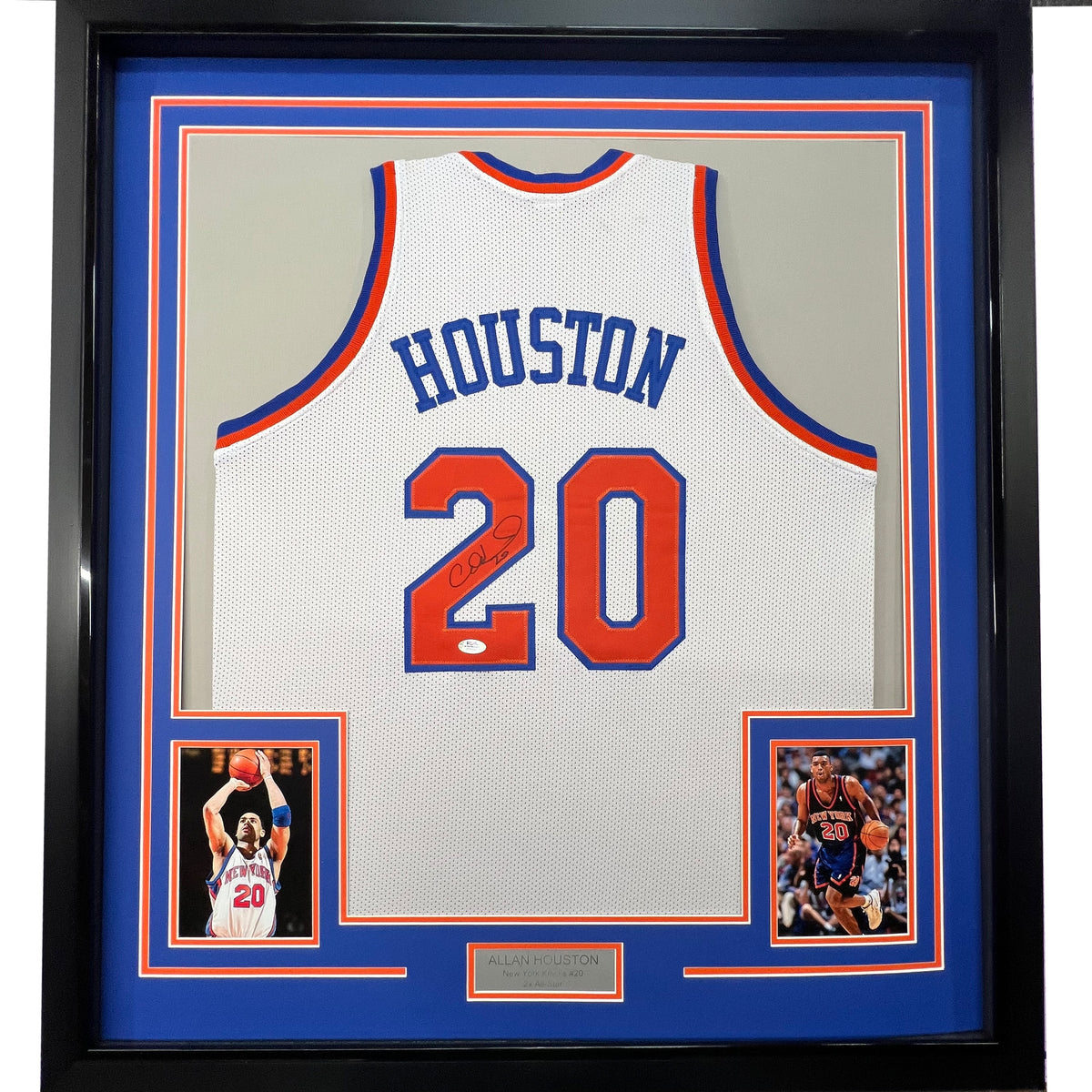 Framed Autographed/Signed Allan Houston 35x39 New York White Basketball Jersey PSA/DNA COA