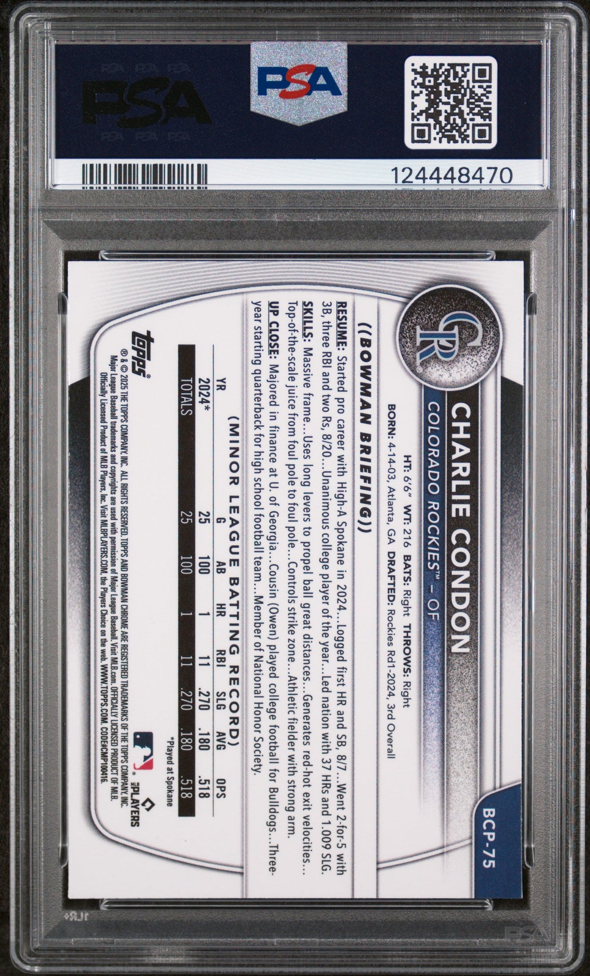Graded 2025 Topps Bowman Charlie Condon #BCP75 Chrome Prospects Reptilian Refractor Rookie RC Baseball Card PSA 10 Gem Mint