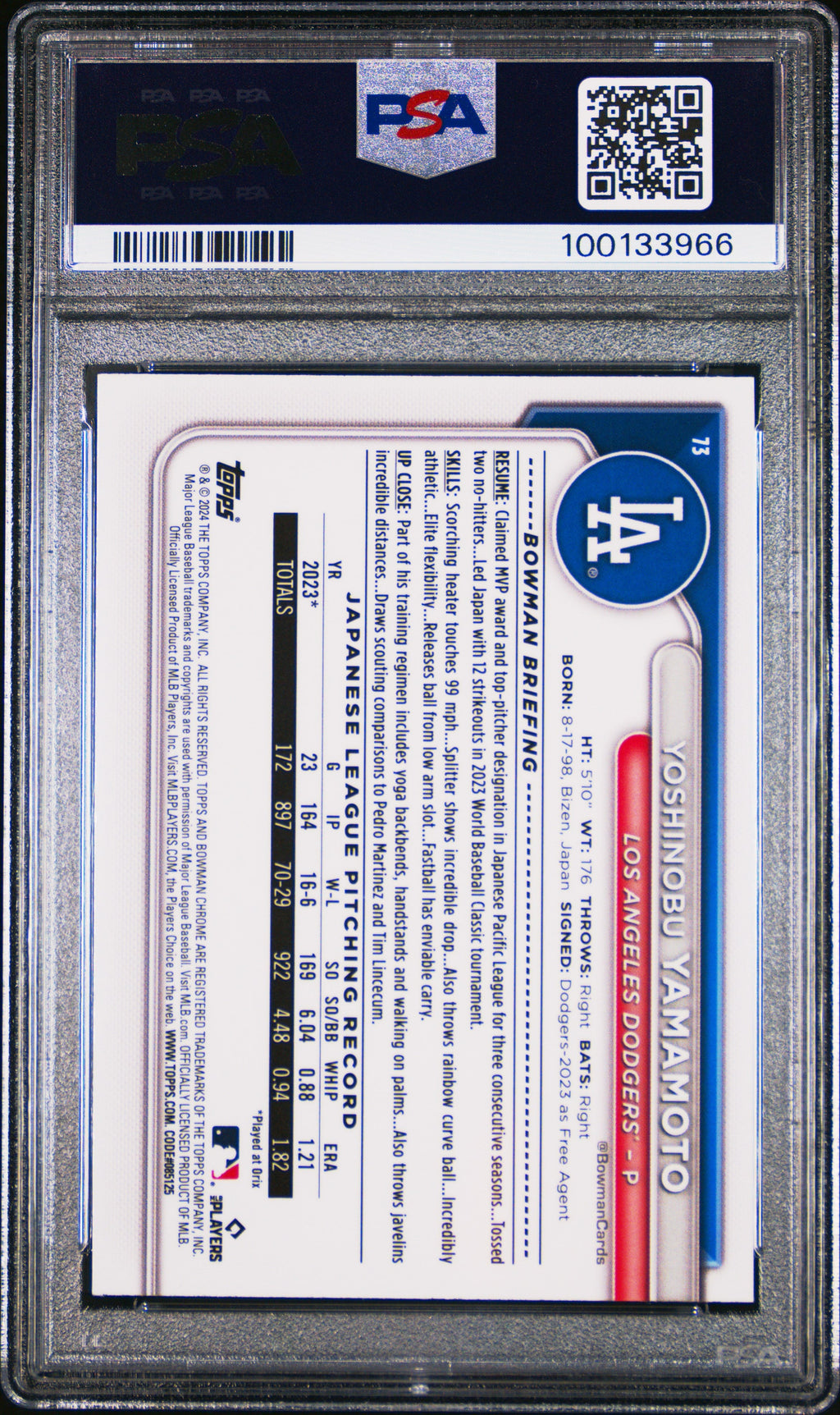 Graded 2024 Topps Bowman Chrome Yoshinobu Yamamoto #73SP Rookie RC Baseball Card PSA 10 Gem Mint