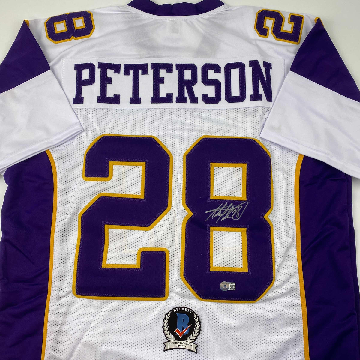 Autographed/Signed Adrian Peterson Minnesota White Football Jersey Beckett BAS COA