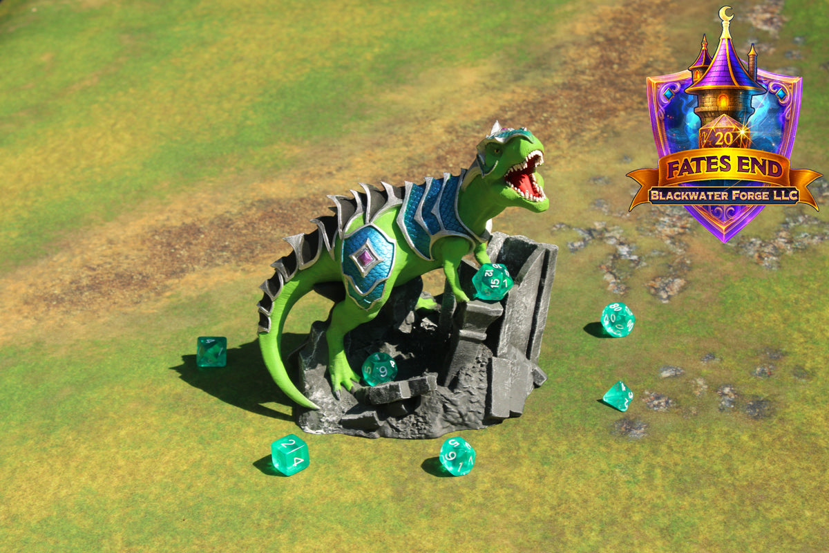Armored War T-Rex 3D Printed Dice Tower – Fate's End Collection by Kim Bolt - Unleash Prehistoric Power!