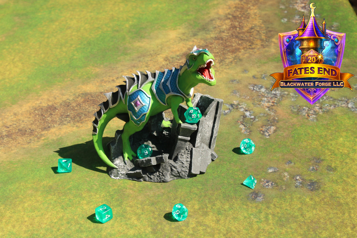 Armored War T-Rex 3D Printed Dice Tower – Fate's End Collection by Kim Bolt - Unleash Prehistoric Power!