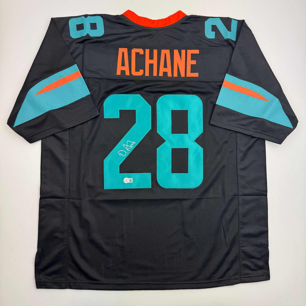 Autographed/Signed De'Von DeVon Achane Miami Black Football Jersey Beckett BAS COA