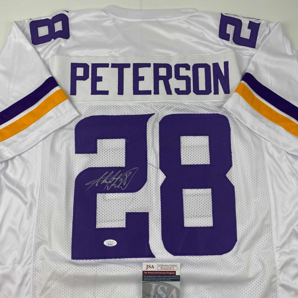 Autographed/Signed Adrian Peterson Minnesota White Football Jersey JSA COA
