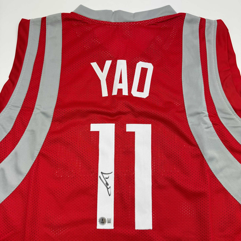 Autographed/Signed Yao Ming Houston Red Basketball Jersey Beckett BAS COA