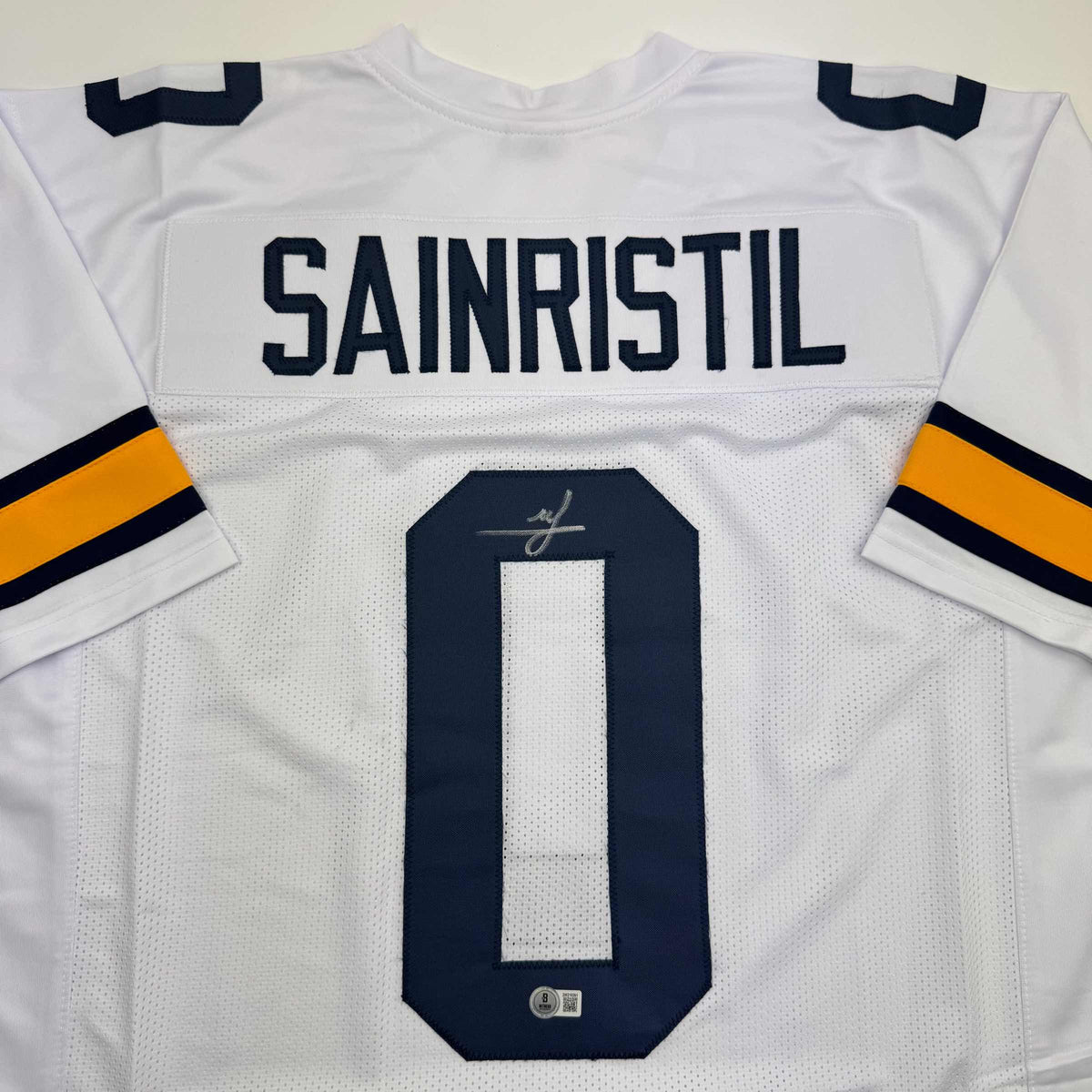 Autographed/Signed Mike Sainristil Michigan White College Football Jersey Beckett BAS COA