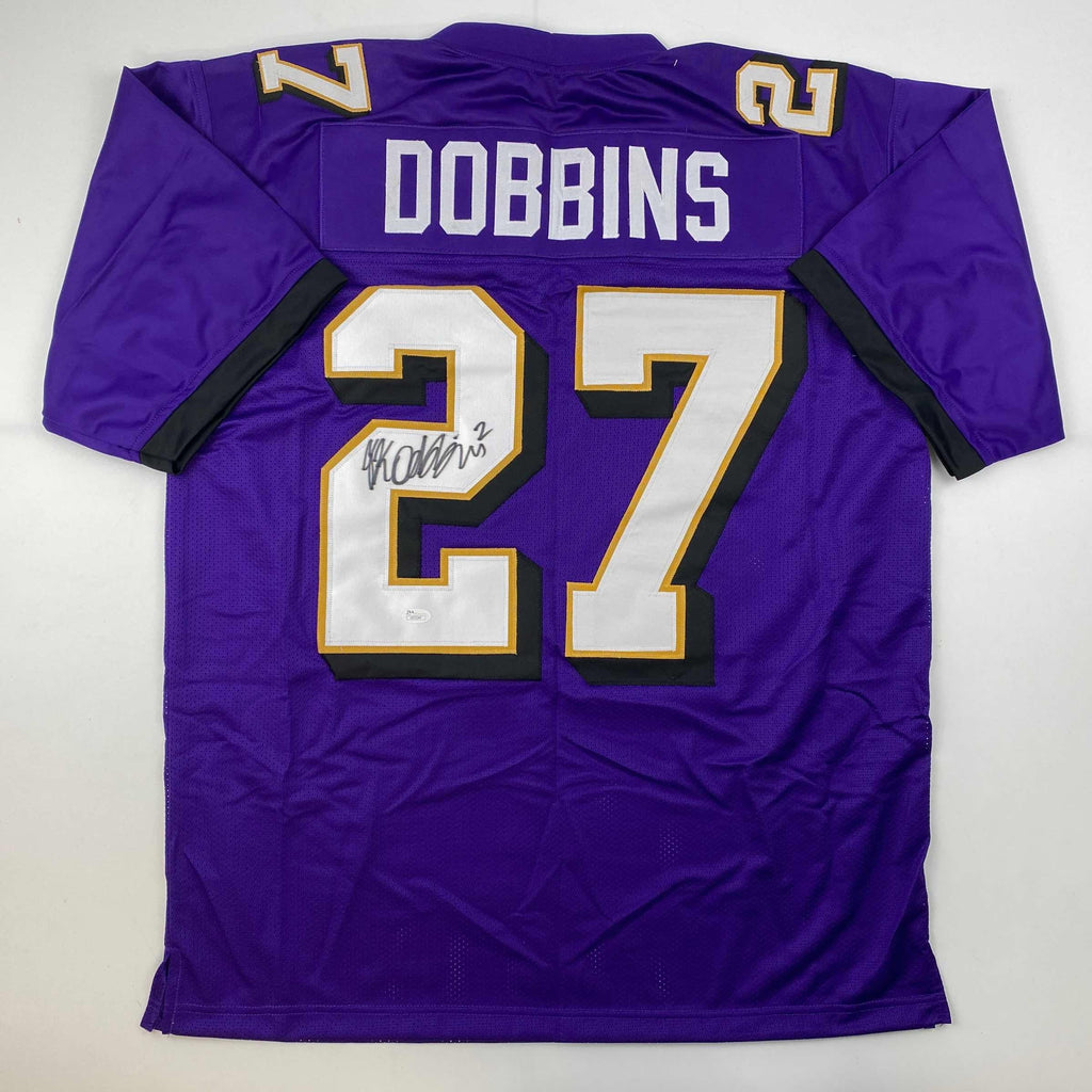 Autographed/Signed JK J.K. Dobbins Baltimore Purple Football Jersey JSA COA