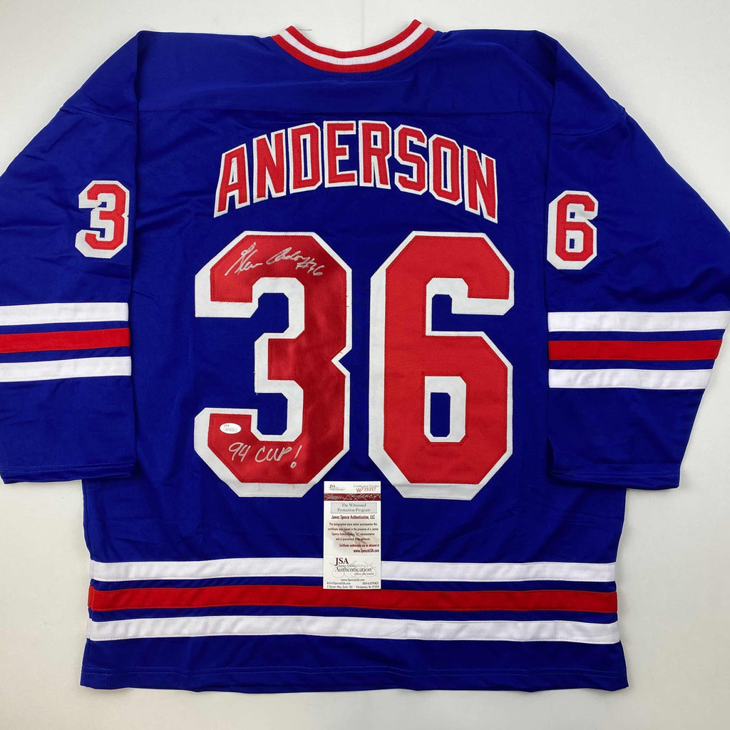 Autographed/Signed Glenn Anderson 94 SC Champs New York Blue Hockey Jersey JSA COA