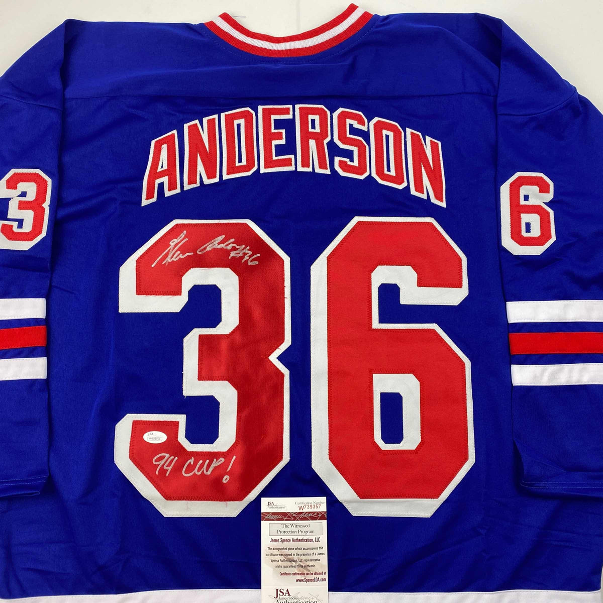 Autographed/Signed Glenn Anderson 94 SC Champs New York Blue Hockey Jersey JSA COA