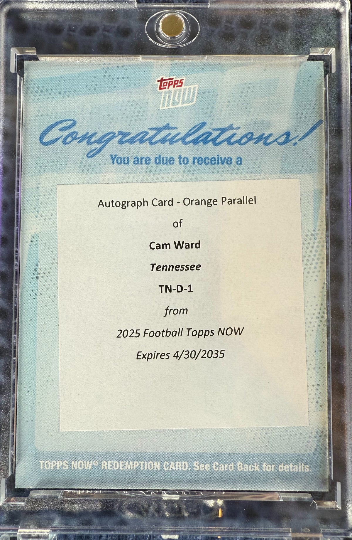 2025 Topps Now Cam Ward #D1 Draft Night Orange Auto /25 Redemption Rookie RC Football Card