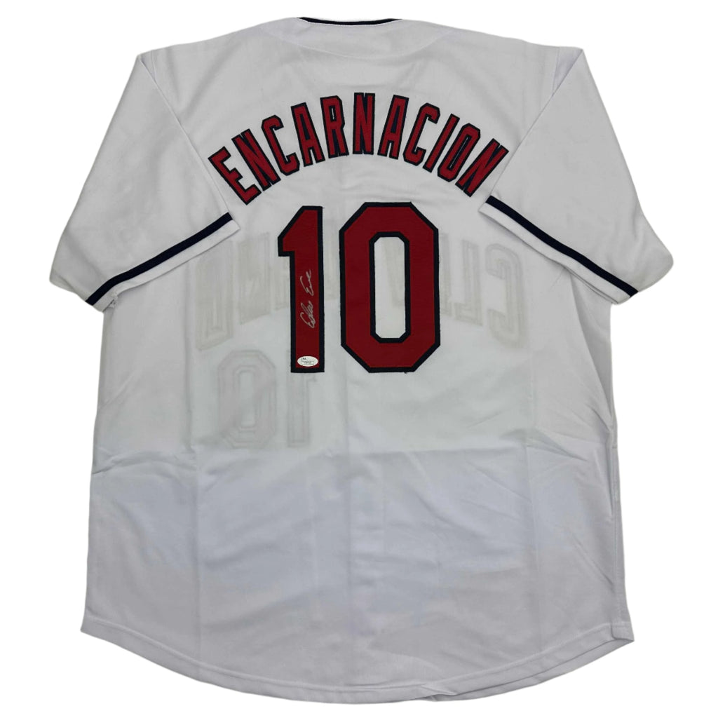 Autographed/Signed Edwin Encarnacion Cleveland White Baseball Jersey JSA COA