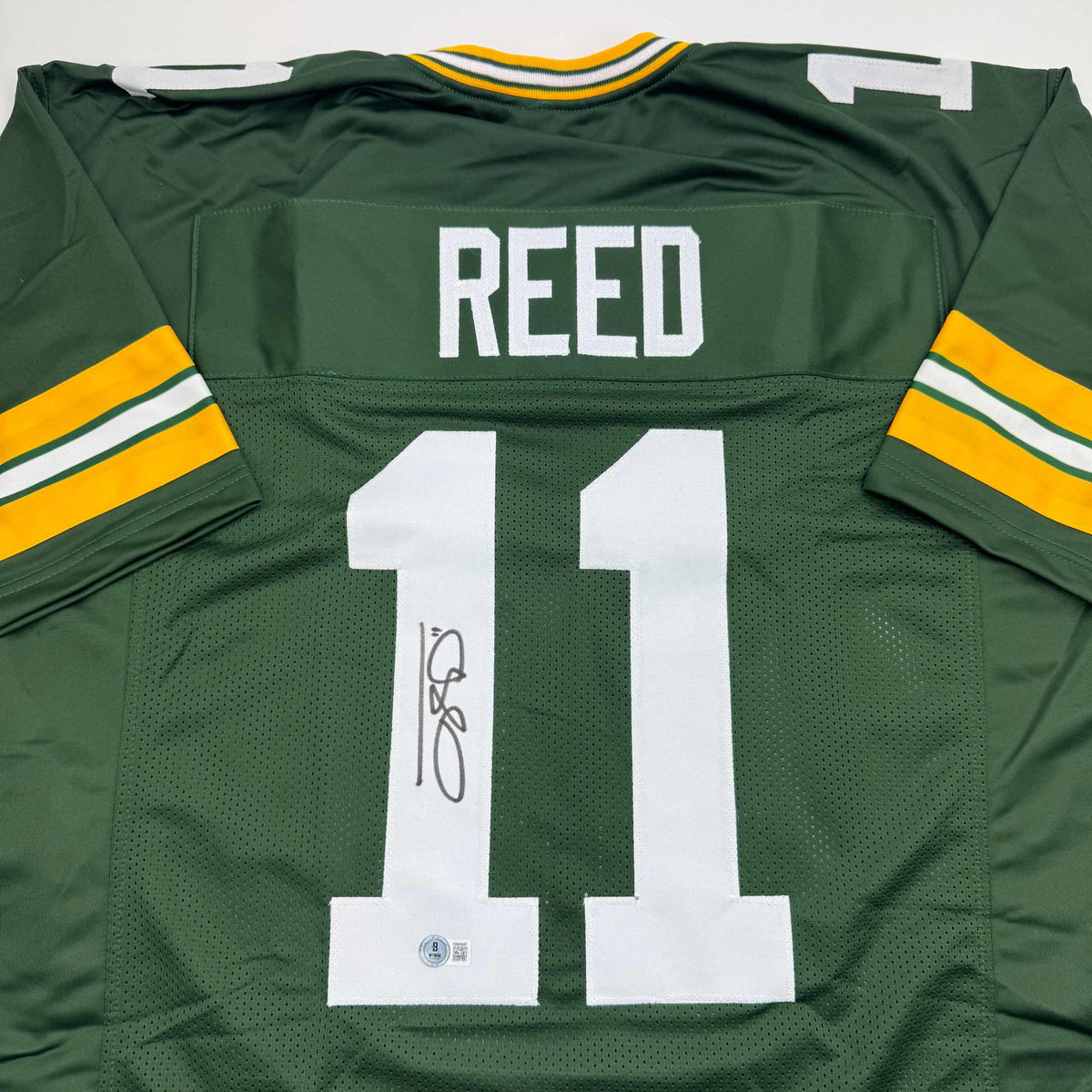 Autographed/Signed Jayden Reed Green Bay Green Football Jersey Beckett BAS COA