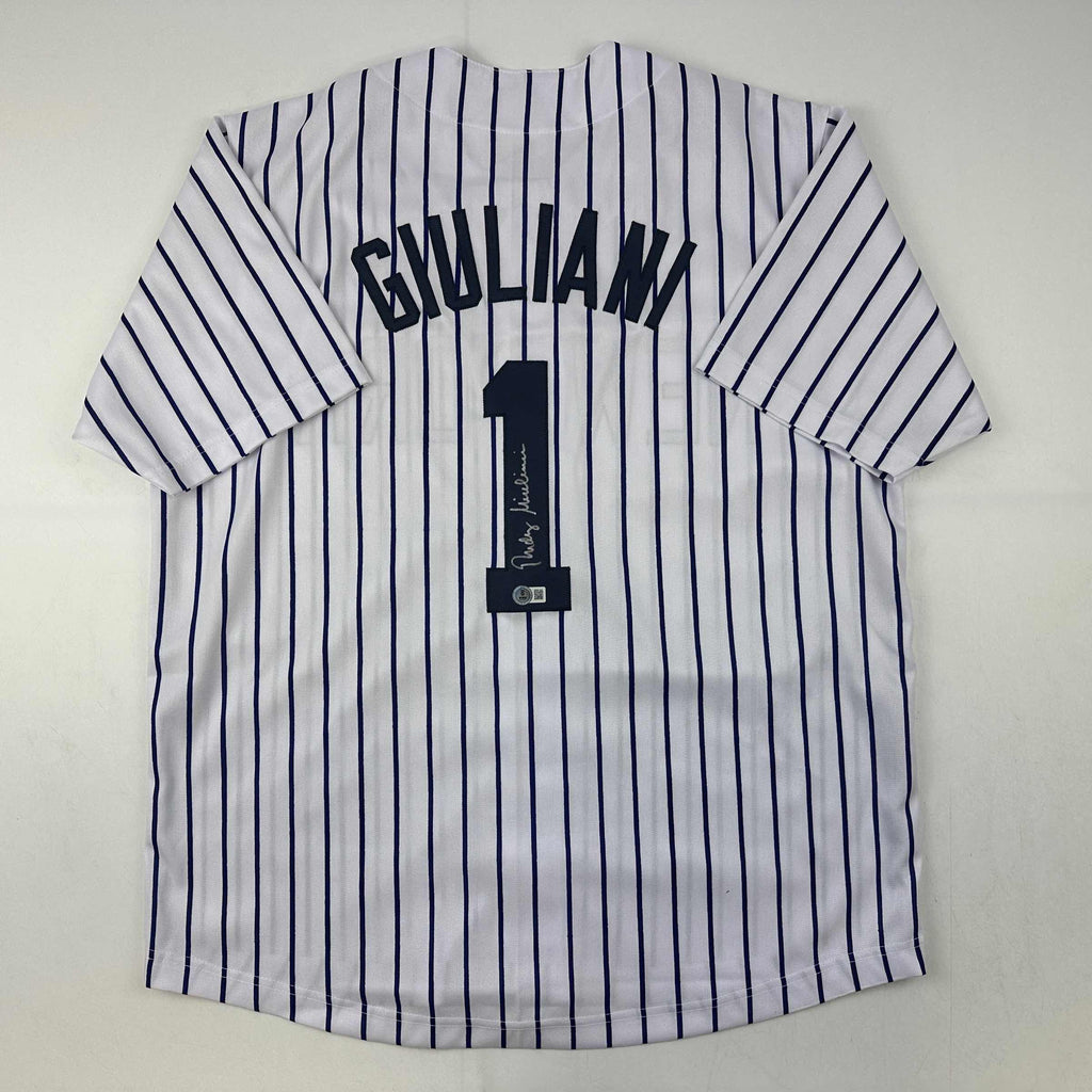 Autographed/Signed Rudy Giuliani New York Pinstripe Baseball Jersey Beckett BAS COA