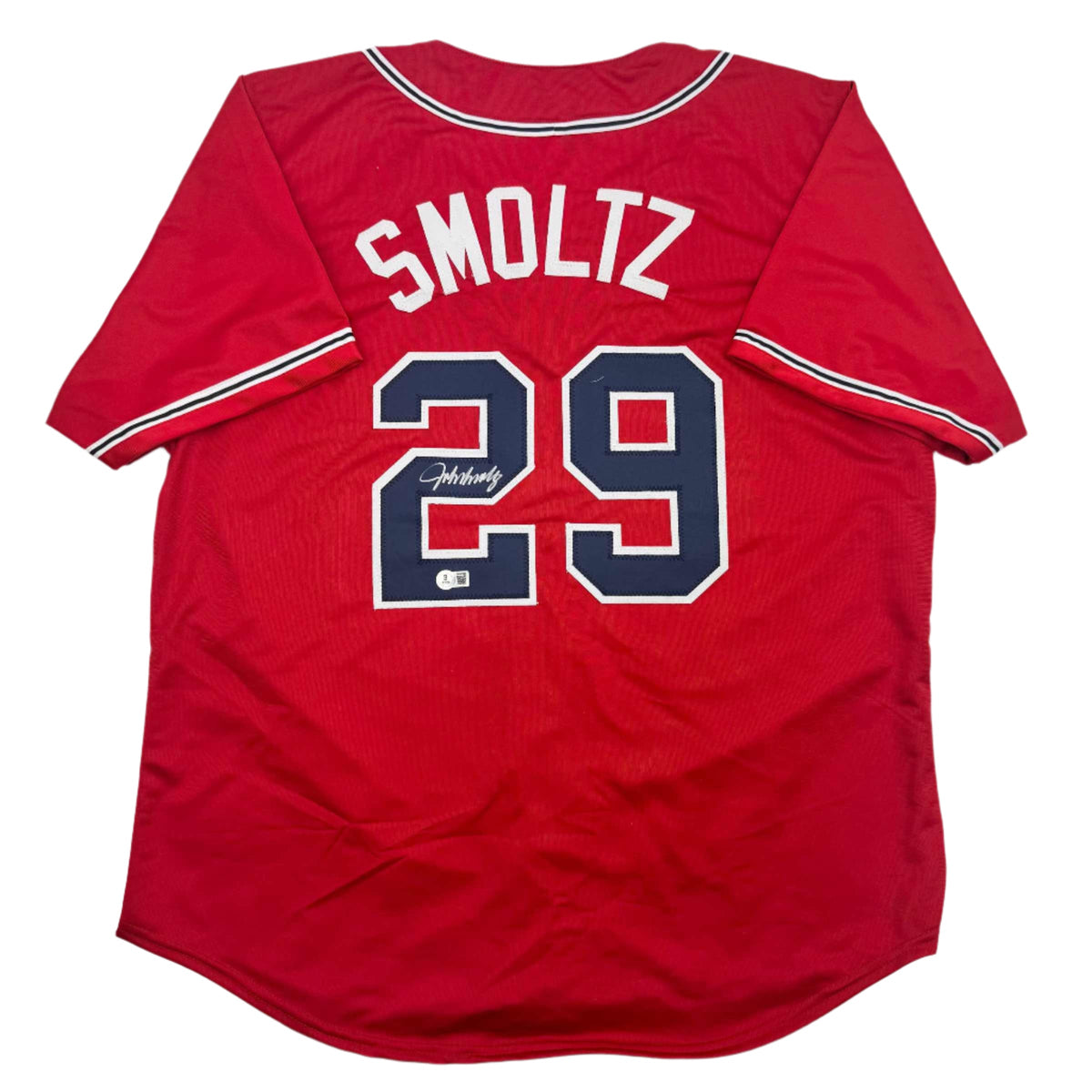 Autographed/Signed John Smoltz Atlanta Red Baseball Jersey Beckett BAS COA