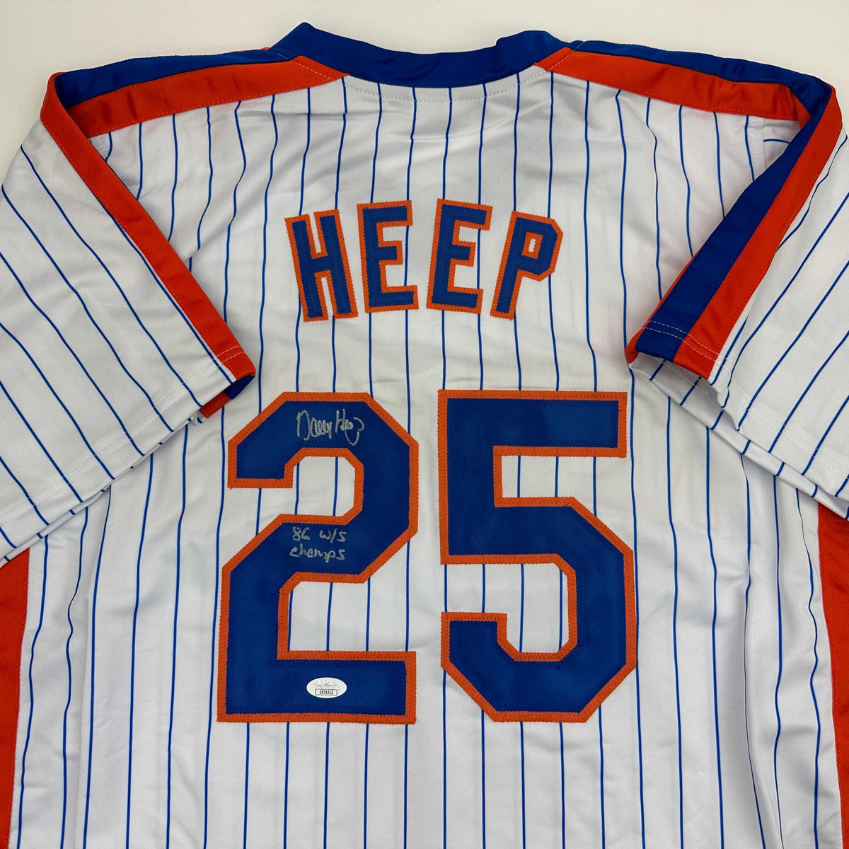 Autographed/Signed Danny Heep 86 WS Champs New York Pinstripe Baseball Jersey JSA COA