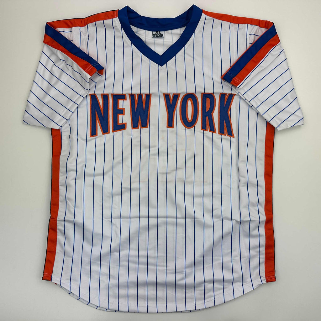 Autographed/Signed Danny Heep 86 WS Champs New York Pinstripe Baseball Jersey JSA COA