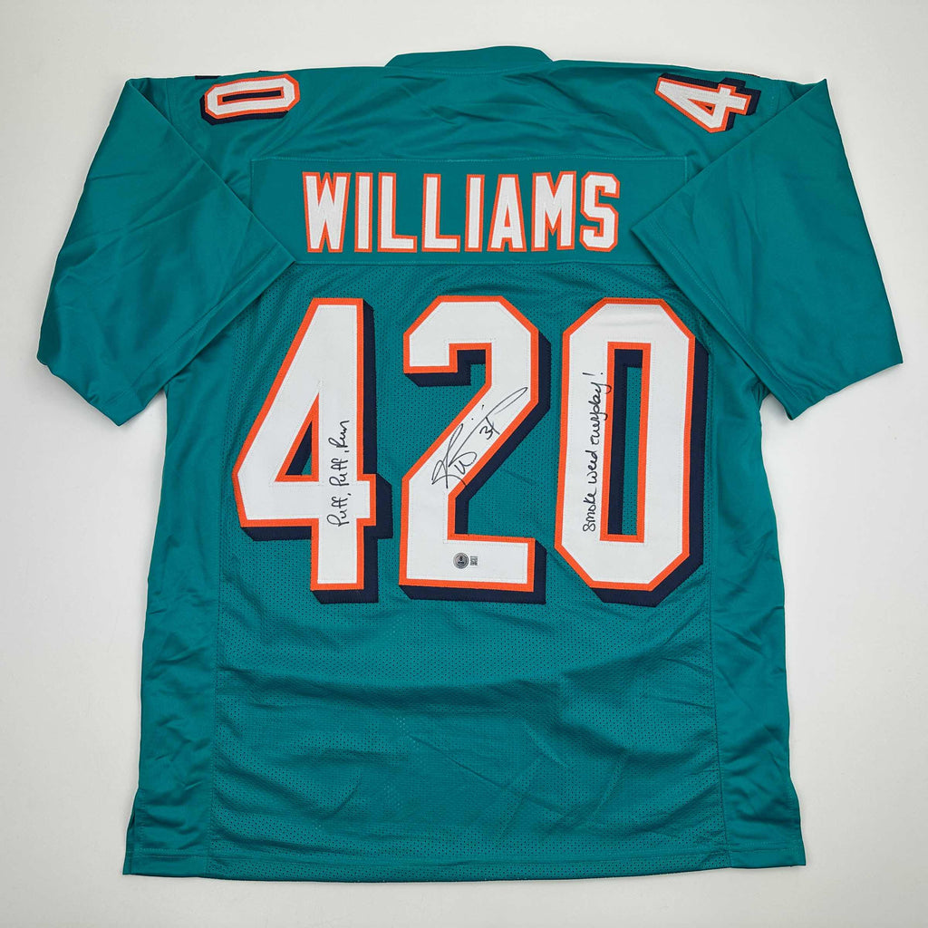 Autographed/Signed Ricky Williams Smoke Weed Everyday Puff Puff Run #420 Inscribed Miami Teal Football Jersey Beckett BAS COA