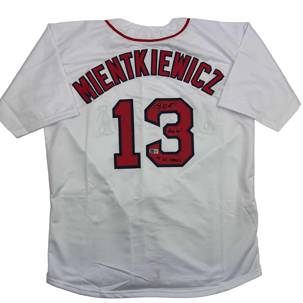 Autographed/Signed Doug Mientkiewicz Final Out! 04 WS Champs! Boston White Baseball Jersey Beckett BAS COA