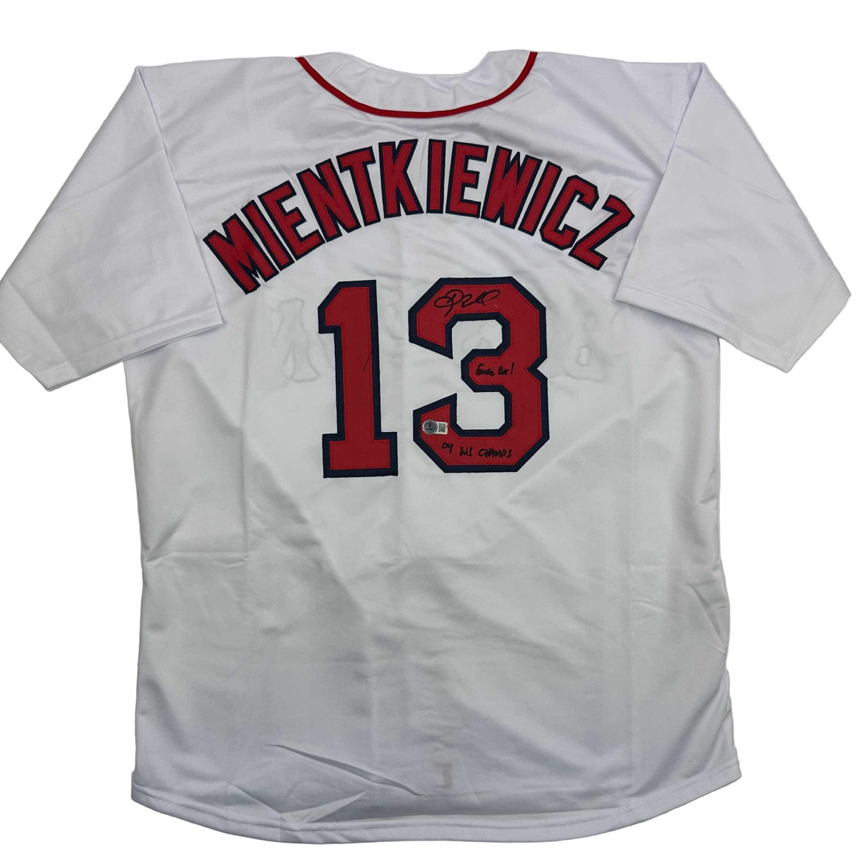 Autographed/Signed Doug Mientkiewicz Final Out! 04 WS Champs! Boston White Baseball Jersey Beckett BAS COA