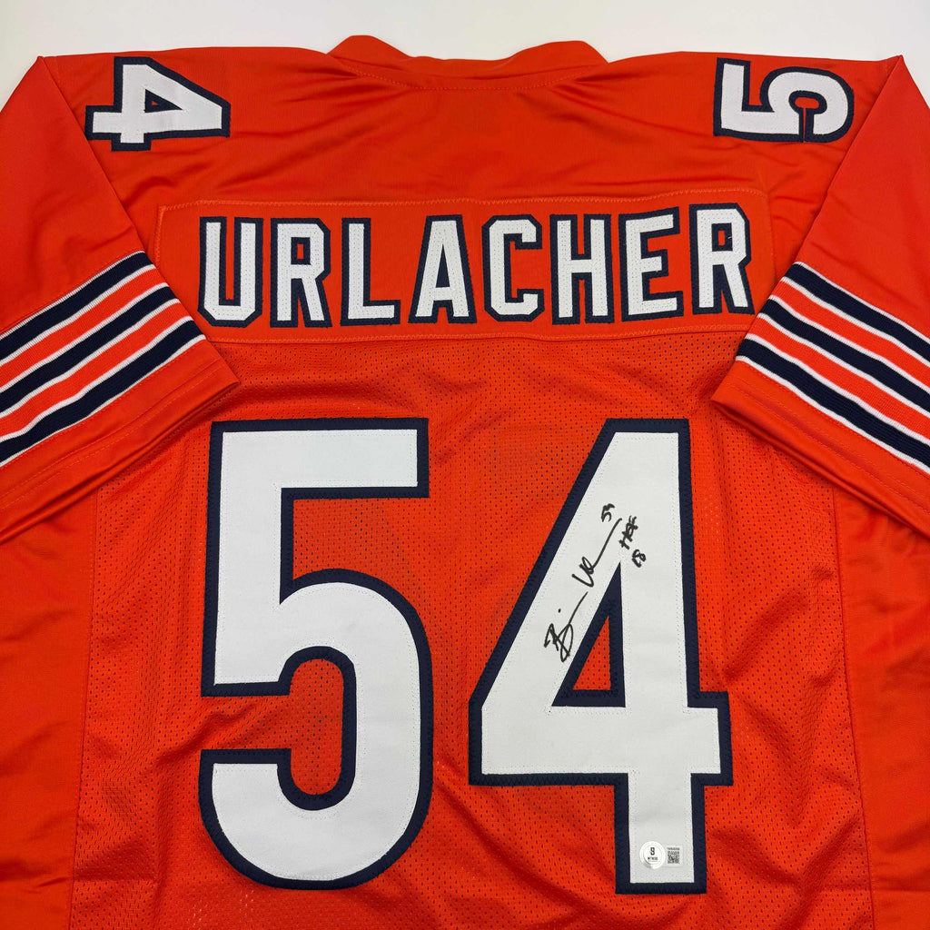 Autographed/Signed Brian Urlacher HOF 18 Chicago Orange Football Jersey Beckett BAS COA