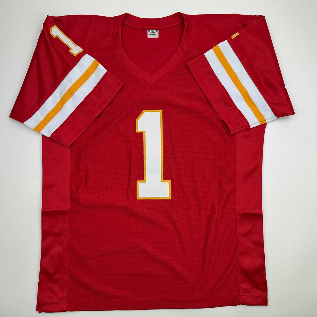 Autographed/Signed Warren Moon HOF 06 Kansas City Red Football Jersey JSA COA