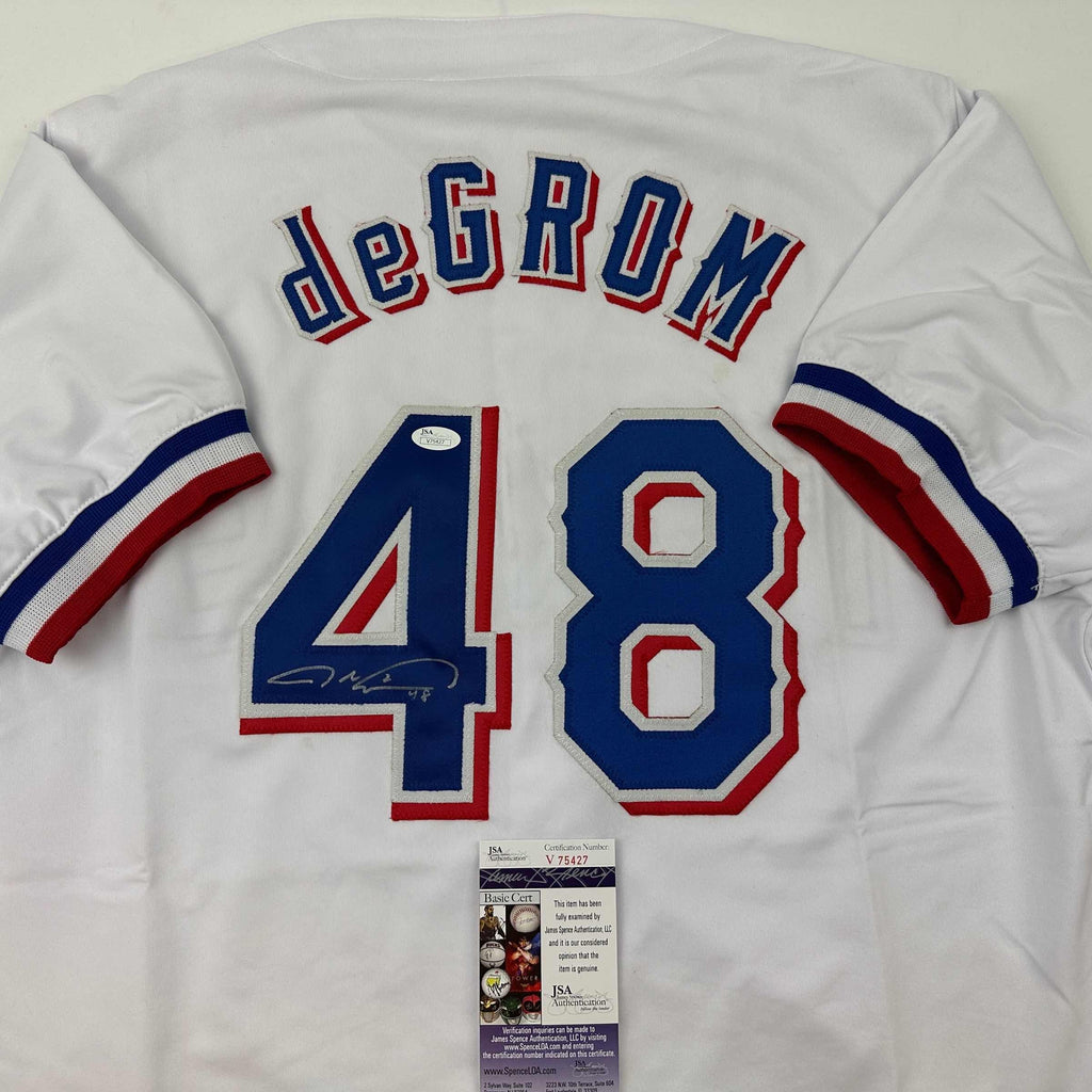 Autographed/Signed Jacob DeGrom Texas White Baseball Jersey JSA COA