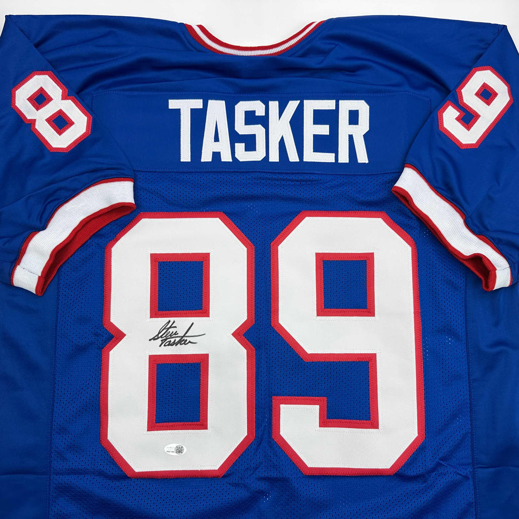 Autographed/Signed Steve Tasker Buffalo Blue Football Jersey JSA COA