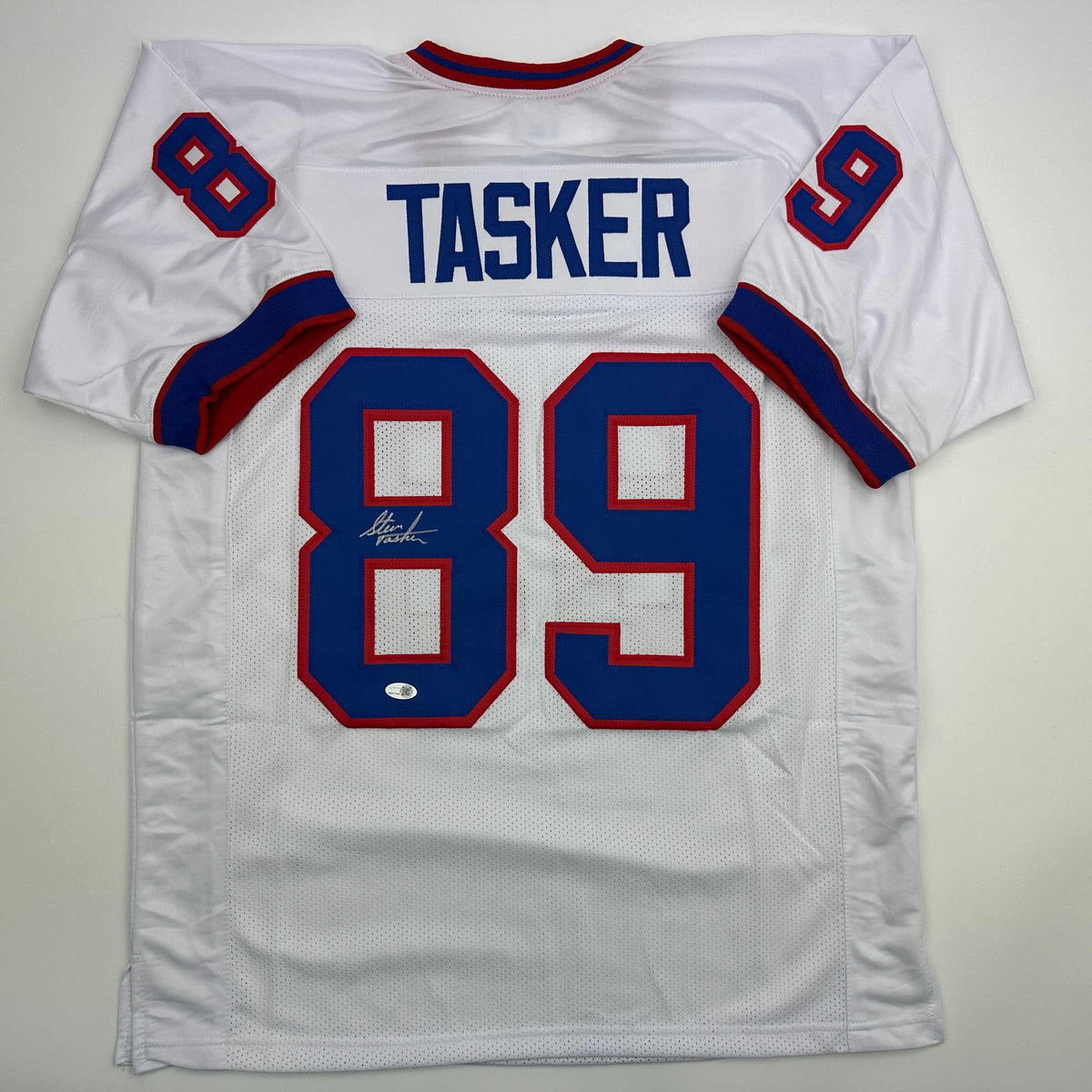 Autographed/Signed Steve Tasker Buffalo White Football Jersey JSA COA