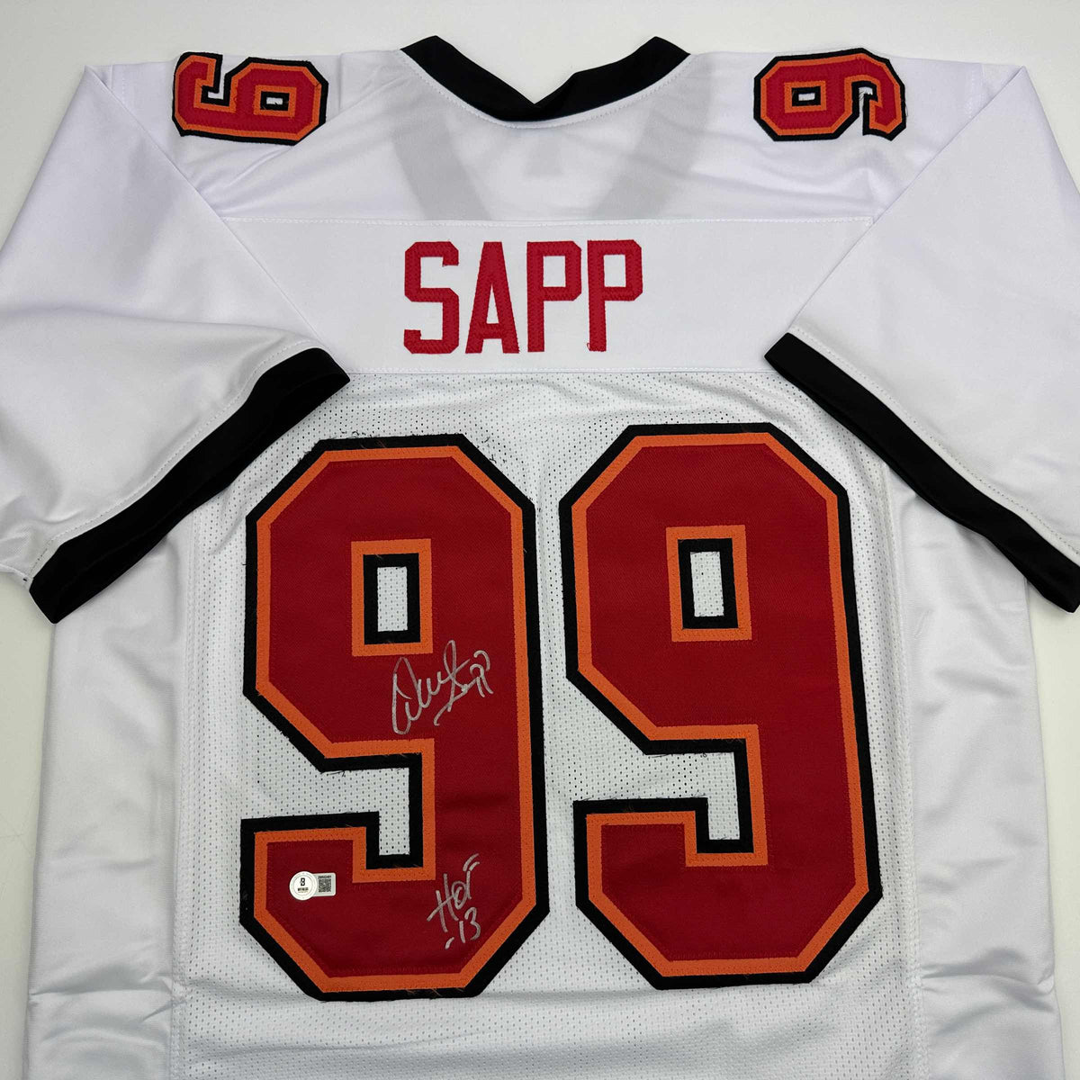 Autographed/Signed Warren Sapp HOF 13 Tampa Bay White Football Jersey Beckett BAS COA