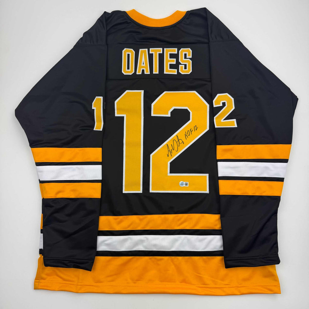 Autographed/Signed Adam Oates "HOF 12" Boston Black Hockey Jersey Beckett BAS COA